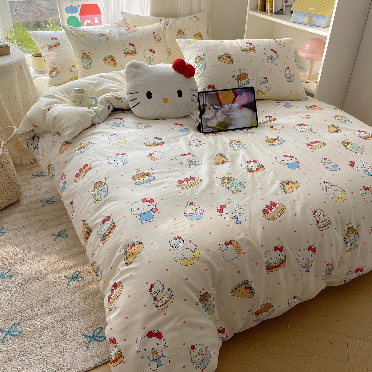 91家纺网 家纺一手货源 找家纺 六巷胡同 2026新款INS减龄可爱风卡通全棉四件套（第二系列） 爱心汉堡喵