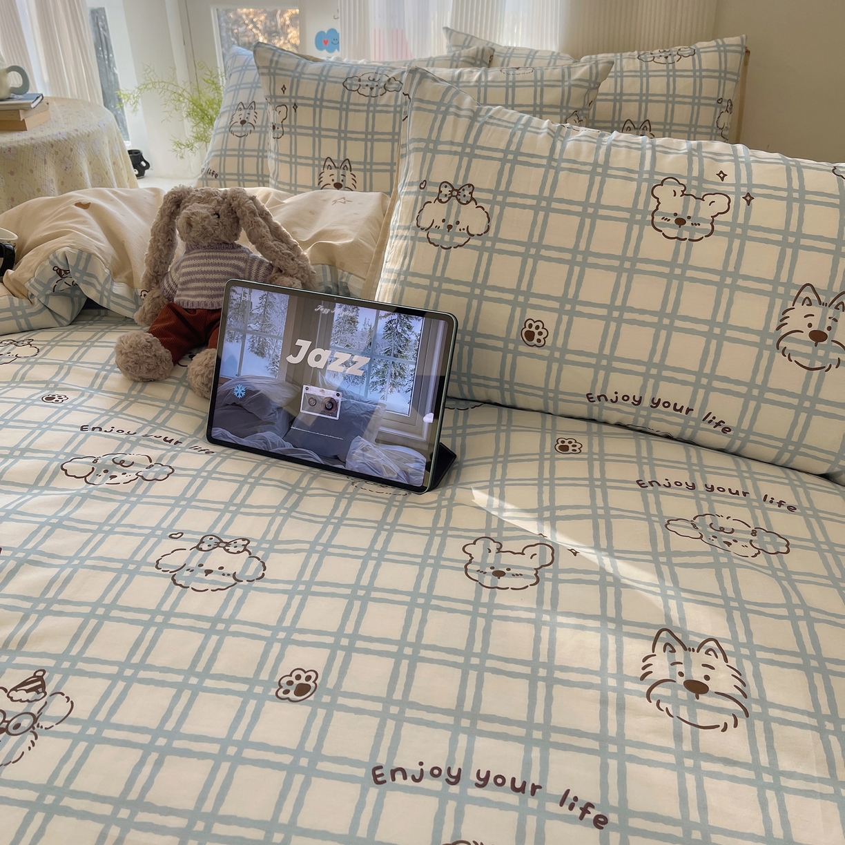 91家纺网 家纺一手货源 找家纺 六巷胡同 2026新款INS减龄可爱风卡通全棉四件套（第二系列） 蓝格美拉犬