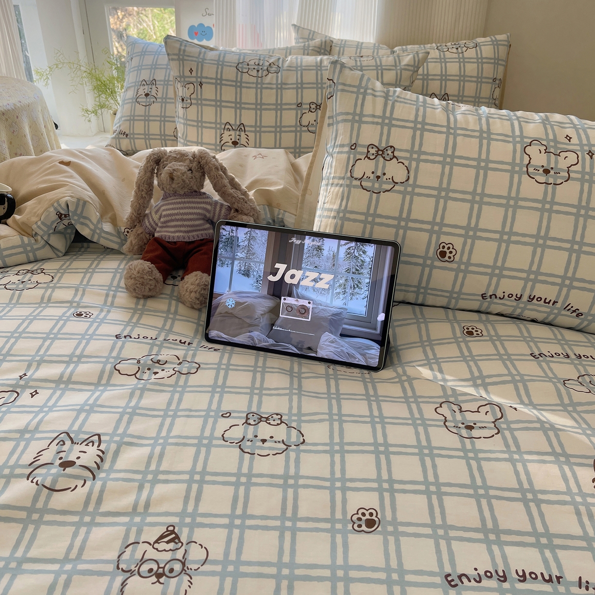 91家纺网 家纺一手货源 找家纺 六巷胡同 2026新款INS减龄可爱风卡通全棉四件套（第二系列） 蓝格美拉犬