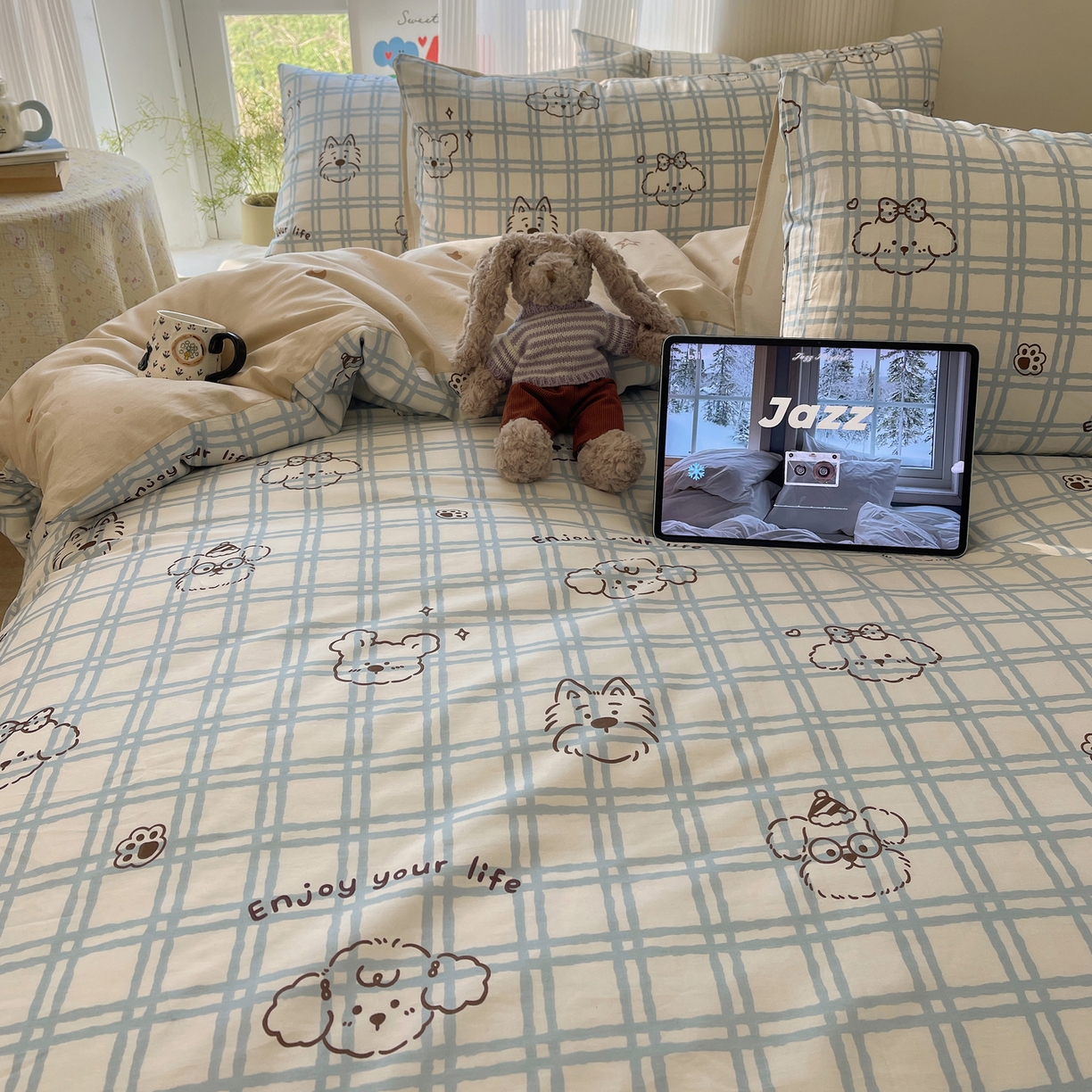 91家纺网 家纺一手货源 找家纺 六巷胡同 2026新款INS减龄可爱风卡通全棉四件套（第二系列） 蓝格美拉犬