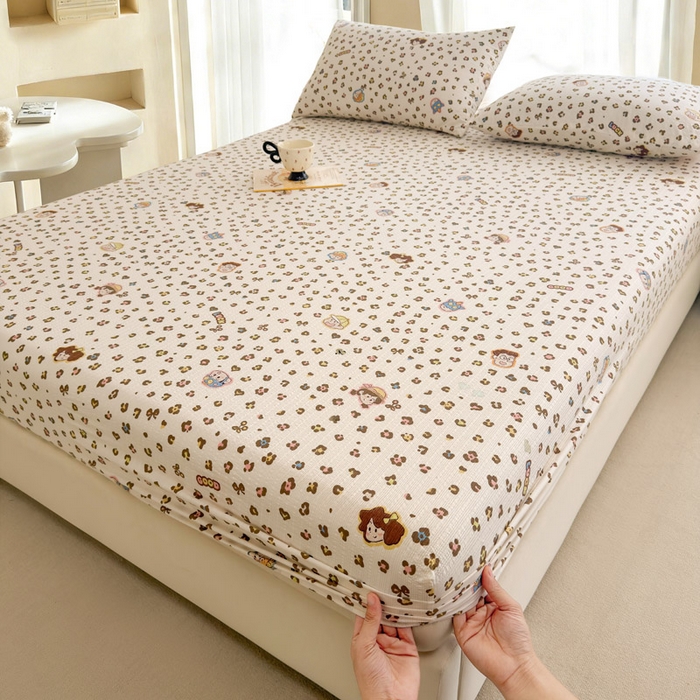 91家纺网 家纺一手货源 找家纺 贝扬思家纺 2026新款高克重泡芙纱印花款单床笠床笠单件-浅糯 CL浅糯-豹纹新新