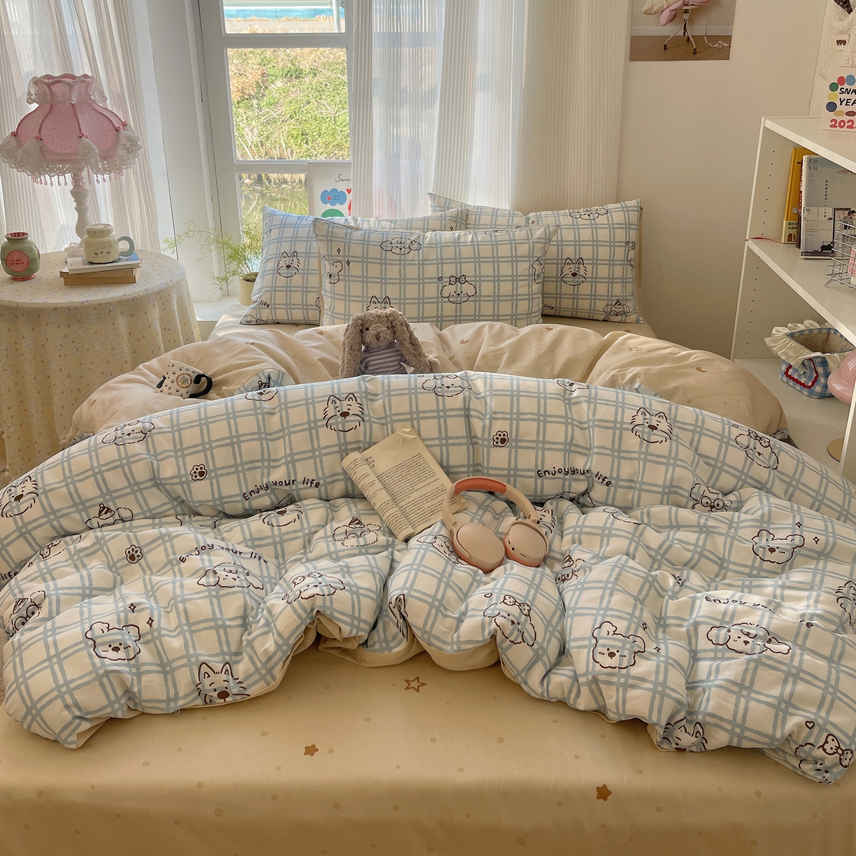 91家纺网 家纺一手货源 找家纺 六巷胡同 2026新款INS减龄可爱风卡通全棉四件套（第二系列） 蓝格美拉犬