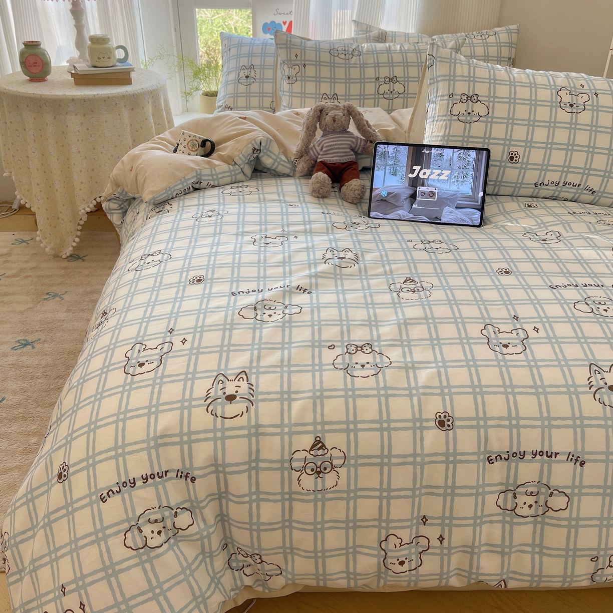 91家纺网 家纺一手货源 找家纺 六巷胡同 2026新款INS减龄可爱风卡通全棉四件套（第二系列） 蓝格美拉犬