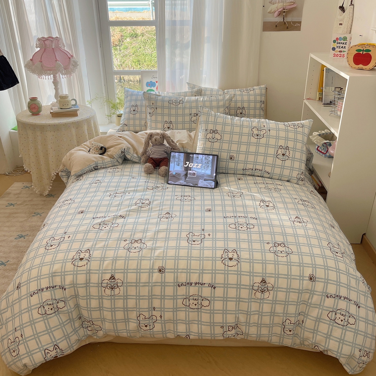 91家纺网 家纺一手货源 找家纺 六巷胡同 2026新款INS减龄可爱风卡通全棉四件套（第二系列） 蓝格美拉犬