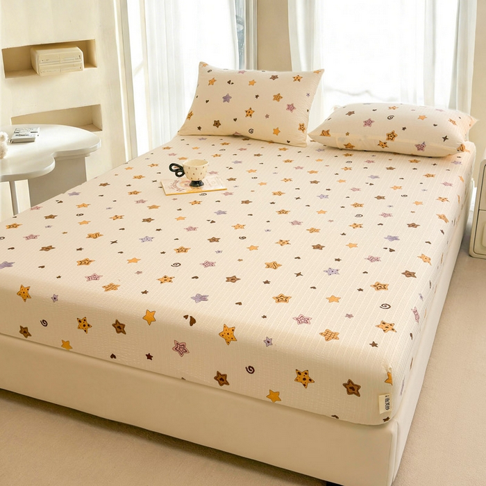 91家纺网 家纺一手货源 找家纺 贝扬思家纺 2026新款高克重泡芙纱印花款单床笠床笠单件-浅糯 CL浅糯-逢星岛