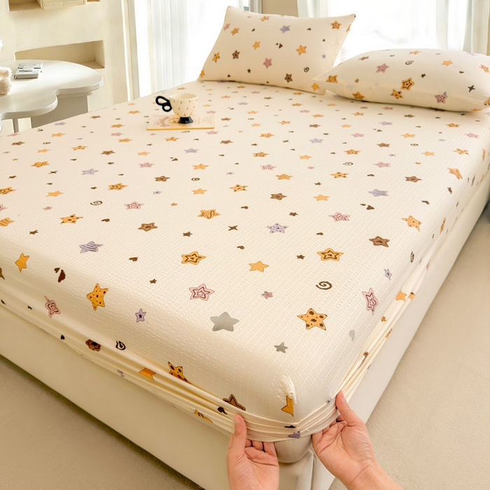 91家纺网 家纺一手货源 找家纺 贝扬思家纺 2026新款高克重泡芙纱印花款单床笠床笠单件-浅糯 CL浅糯-逢星岛