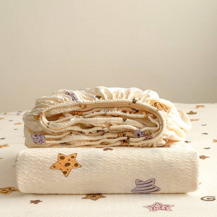 91家纺网 家纺一手货源 找家纺 贝扬思家纺 2026新款高克重泡芙纱印花款单床笠床笠单件-浅糯 CL浅糯-逢星岛