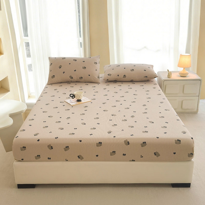 91家纺网 家纺一手货源 找家纺 贝扬思家纺 2026新款高克重泡芙纱印花款单床笠床笠单件-浅糯 CL浅糯-咖啡小猫