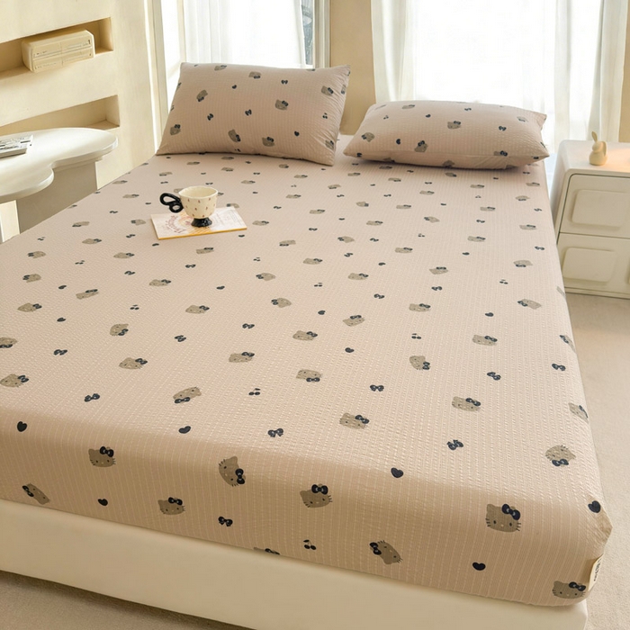 91家纺网 家纺一手货源 找家纺 贝扬思家纺 2026新款高克重泡芙纱印花款单床笠床笠单件-浅糯 CL浅糯-咖啡小猫