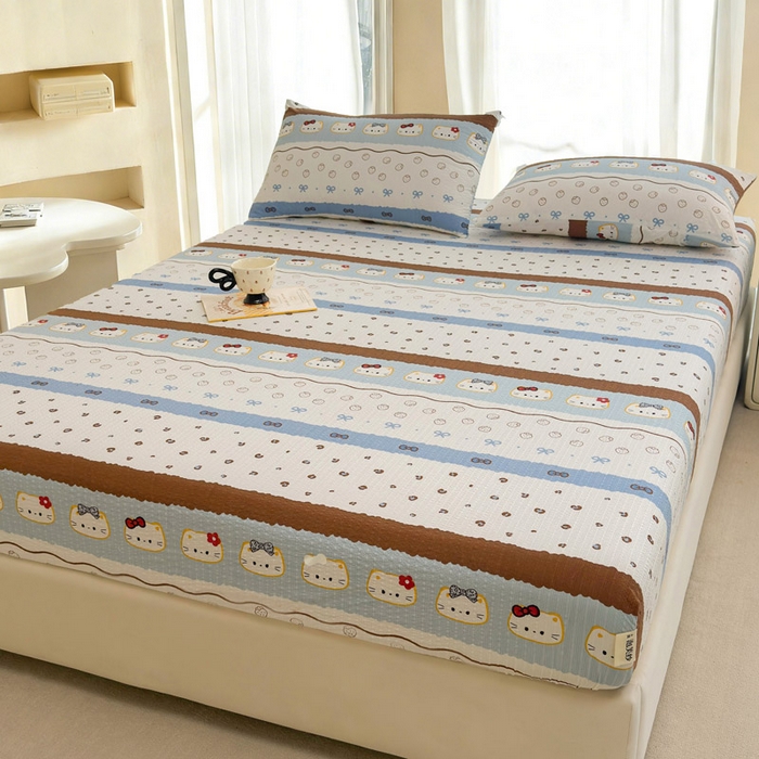 91家纺网 家纺一手货源 找家纺 贝扬思家纺 2026新款高克重泡芙纱印花款单床笠床笠单件-浅糯 CL浅糯-可可小猫条