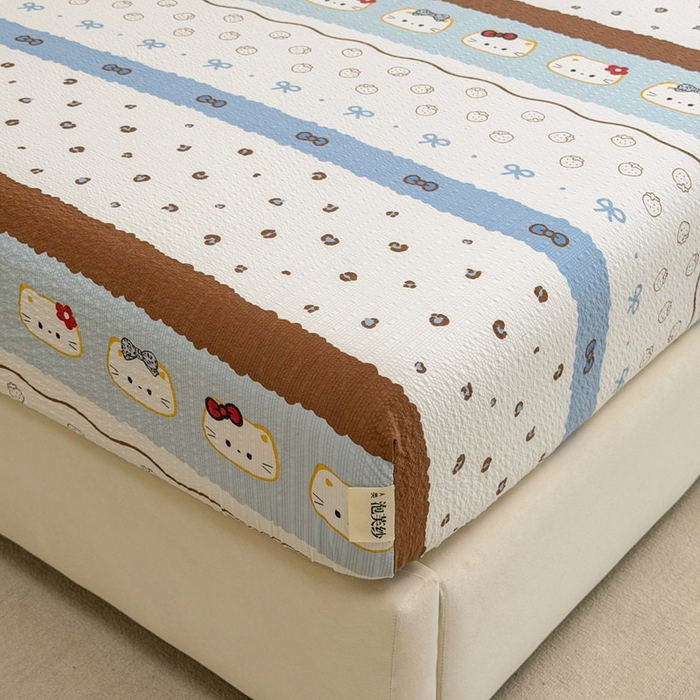 91家纺网 家纺一手货源 找家纺 贝扬思家纺 2026新款高克重泡芙纱印花款单床笠床笠单件-浅糯 CL浅糯-可可小猫条