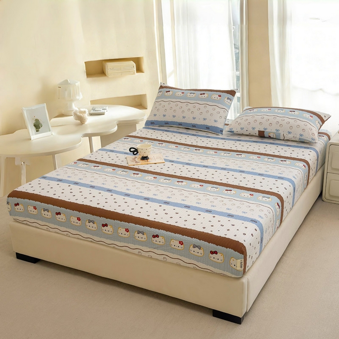 91家纺网 家纺一手货源 找家纺 贝扬思家纺 2026新款高克重泡芙纱印花款单床笠床笠单件-浅糯 CL浅糯-可可小猫条