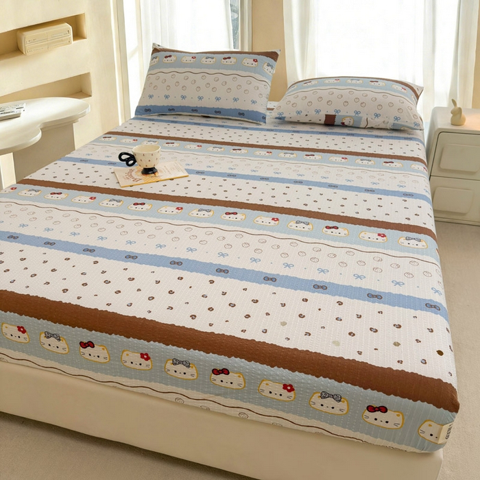 91家纺网 家纺一手货源 找家纺 贝扬思家纺 2026新款高克重泡芙纱印花款单床笠床笠单件-浅糯 CL浅糯-可可小猫条