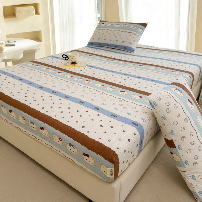 91家纺网 家纺一手货源 找家纺 贝扬思家纺 2026新款高克重泡芙纱印花款单床笠床笠单件-浅糯 CL浅糯-可可小猫条