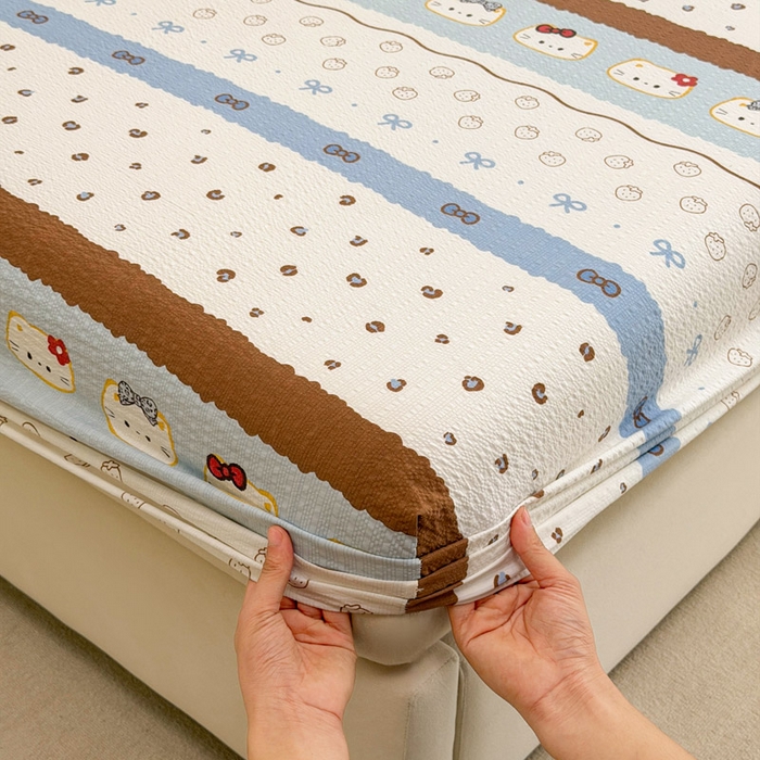 91家纺网 家纺一手货源 找家纺 贝扬思家纺 2026新款高克重泡芙纱印花款单床笠床笠单件-浅糯 CL浅糯-可可小猫条