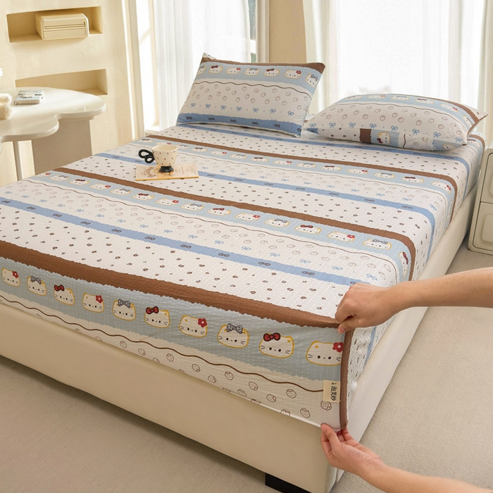 91家纺网 家纺一手货源 找家纺 贝扬思家纺 2026新款高克重泡芙纱印花款单床笠床笠单件-浅糯 CL浅糯-可可小猫条