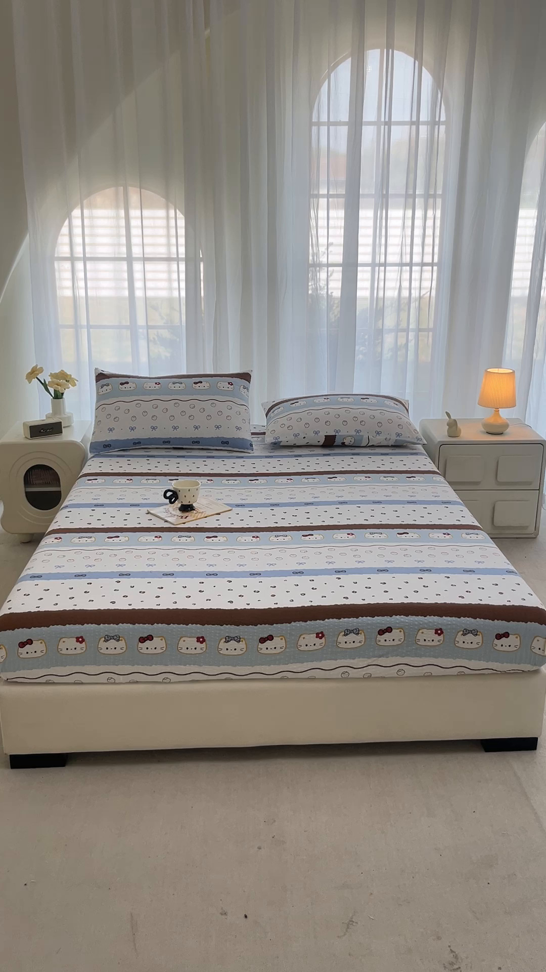 91家纺网 家纺一手货源 找家纺 贝扬思家纺 2026新款高克重泡芙纱印花款单床笠床笠单件-浅糯 CL浅糯-可可小猫条