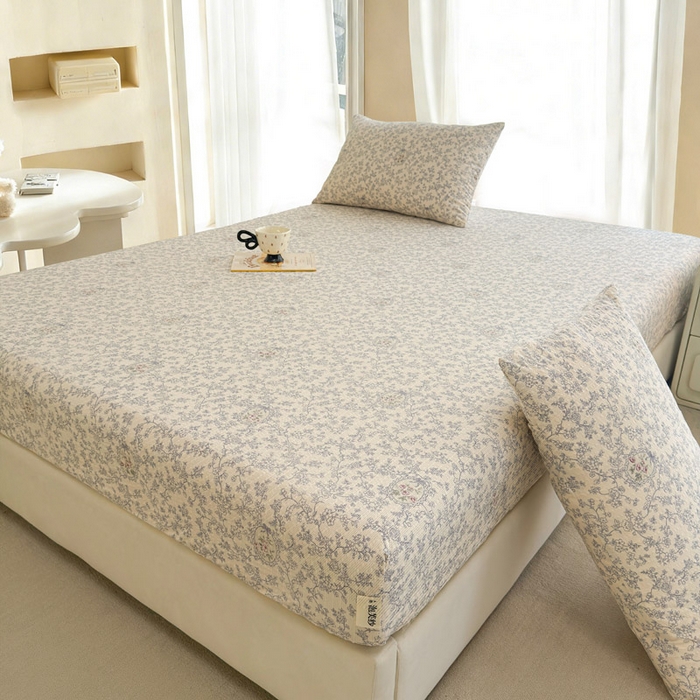 91家纺网 家纺一手货源 找家纺 贝扬思家纺 2026新款高克重泡芙纱印花款单床笠床笠单件-浅糯 CL浅糯-蕾丝花匣