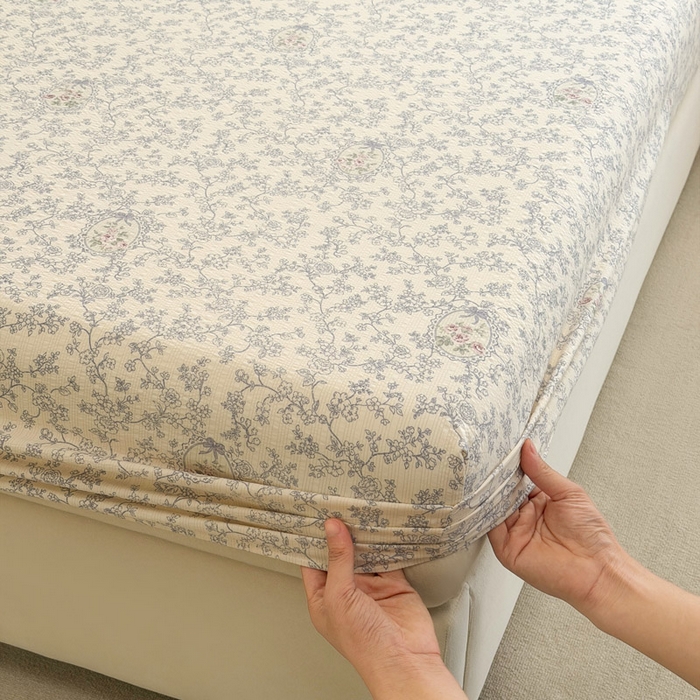 91家纺网 家纺一手货源 找家纺 贝扬思家纺 2026新款高克重泡芙纱印花款单床笠床笠单件-浅糯 CL浅糯-蕾丝花匣