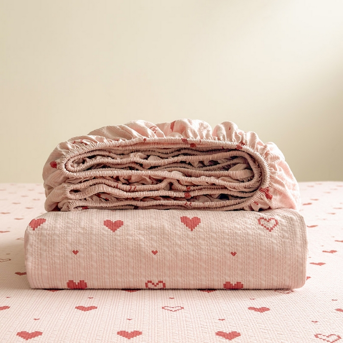 91家纺网 家纺一手货源 找家纺 贝扬思家纺 2026新款高克重泡芙纱印花款单床笠床笠单件-浅糯 CL浅糯-朦胧粉心