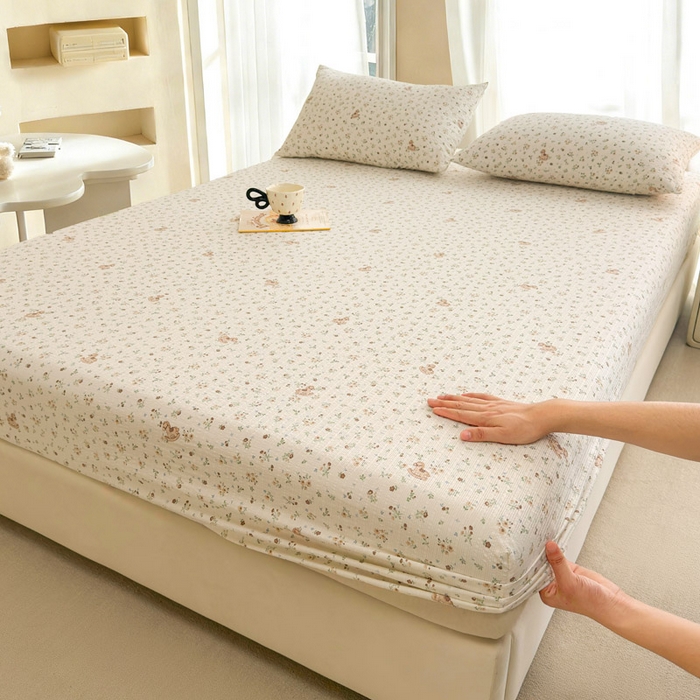 贝扬思家纺 2026新款高克重泡芙纱印花款单床笠床笠单件-浅糯 CL浅糯-木马小花团