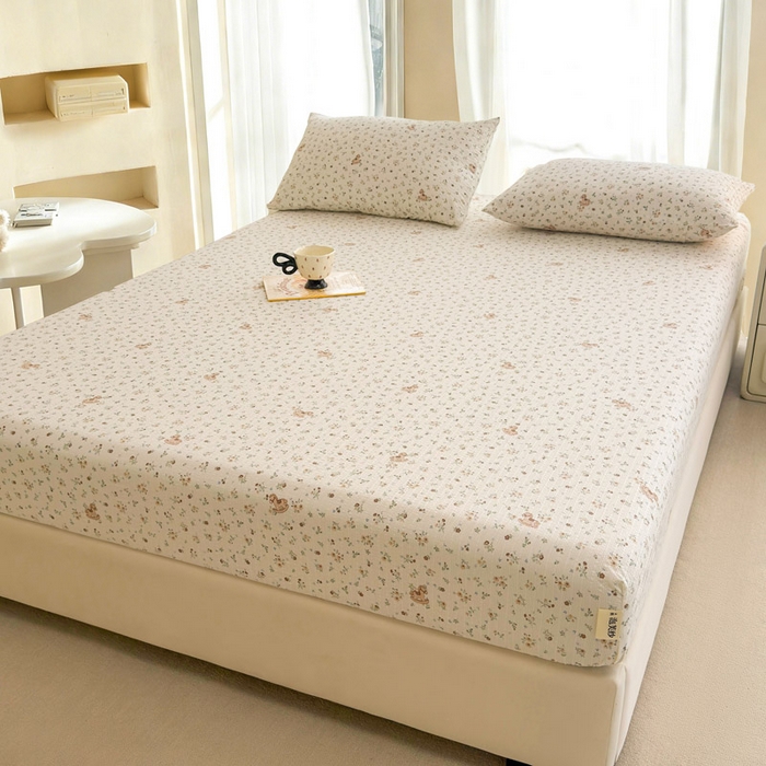 91家纺网 家纺一手货源 找家纺 贝扬思家纺 2026新款高克重泡芙纱印花款单床笠床笠单件-浅糯 CL浅糯-木马小花团