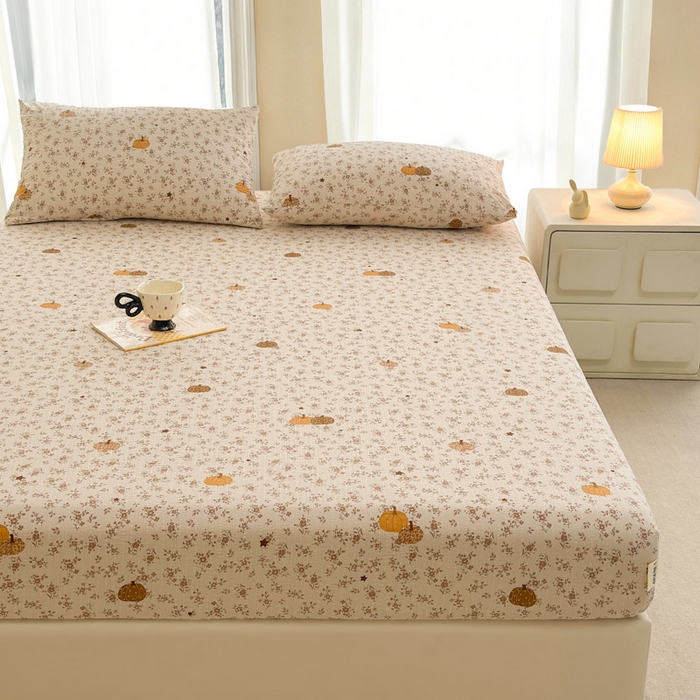 91家纺网 家纺一手货源 找家纺 贝扬思家纺 2026新款高克重泡芙纱印花款单床笠床笠单件-浅糯 CL浅糯-秋末南瓜星