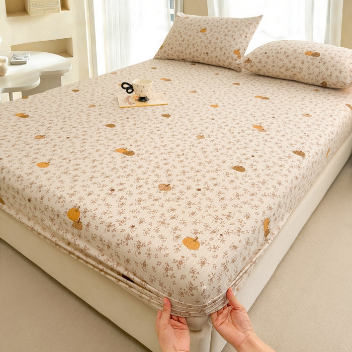 91家纺网 家纺一手货源 找家纺 贝扬思家纺 2026新款高克重泡芙纱印花款单床笠床笠单件-浅糯 CL浅糯-秋末南瓜星