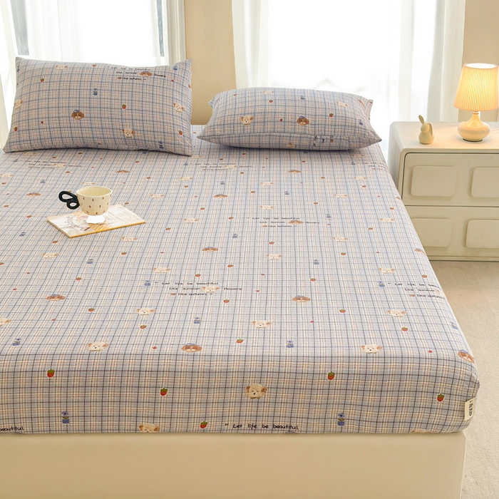 91家纺网 家纺一手货源 找家纺 贝扬思家纺 2026新款高克重泡芙纱印花款单床笠床笠单件-浅糯 CL浅糯-四季狗