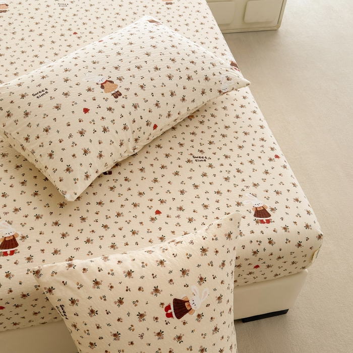 91家纺网 家纺一手货源 找家纺 贝扬思家纺 2026新款高克重泡芙纱印花款单床笠床笠单件-浅糯 CL浅糯-田园兔