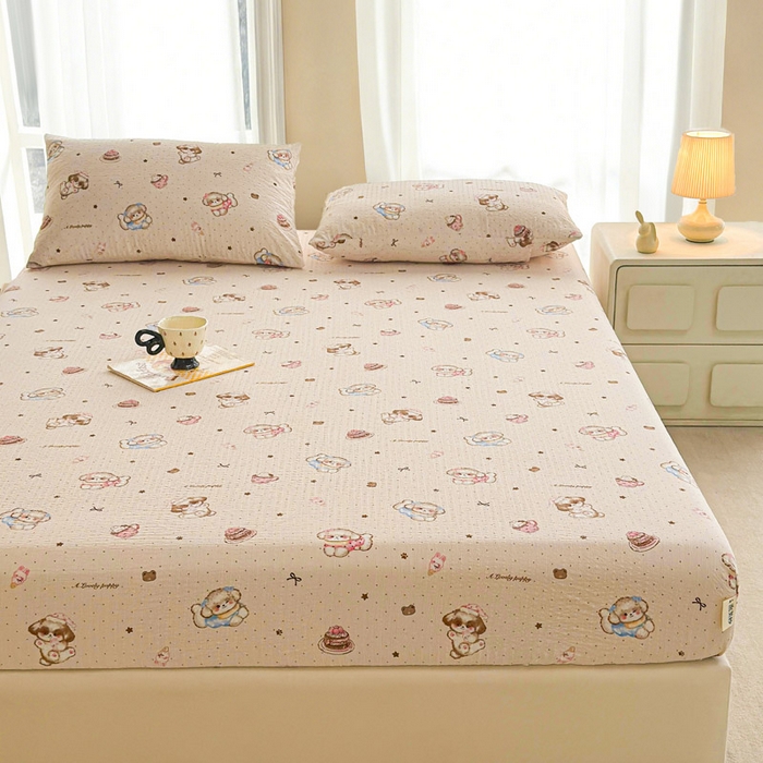 91家纺网 家纺一手货源 找家纺 贝扬思家纺 2026新款高克重泡芙纱印花款单床笠床笠单件-浅糯 CL浅糯-甜品萌狗