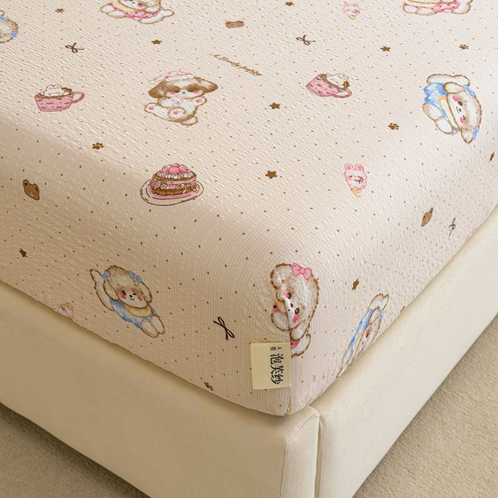 91家纺网 家纺一手货源 找家纺 贝扬思家纺 2026新款高克重泡芙纱印花款单床笠床笠单件-浅糯 CL浅糯-甜品萌狗