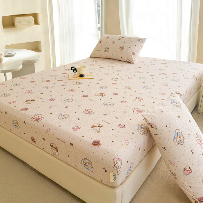 91家纺网 家纺一手货源 找家纺 贝扬思家纺 2026新款高克重泡芙纱印花款单床笠床笠单件-浅糯 CL浅糯-甜品萌狗