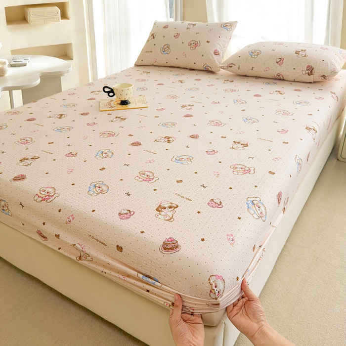 91家纺网 家纺一手货源 找家纺 贝扬思家纺 2026新款高克重泡芙纱印花款单床笠床笠单件-浅糯 CL浅糯-甜品萌狗