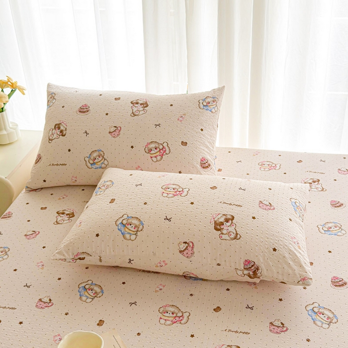 91家纺网 家纺一手货源 找家纺 贝扬思家纺 2026新款高克重泡芙纱印花款单床笠床笠单件-浅糯 CL浅糯-甜品萌狗