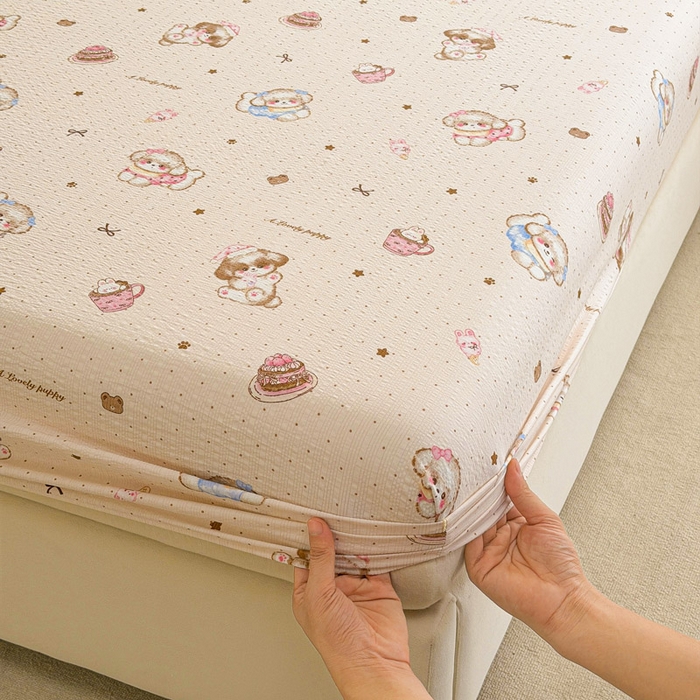 91家纺网 家纺一手货源 找家纺 贝扬思家纺 2026新款高克重泡芙纱印花款单床笠床笠单件-浅糯 CL浅糯-甜品萌狗