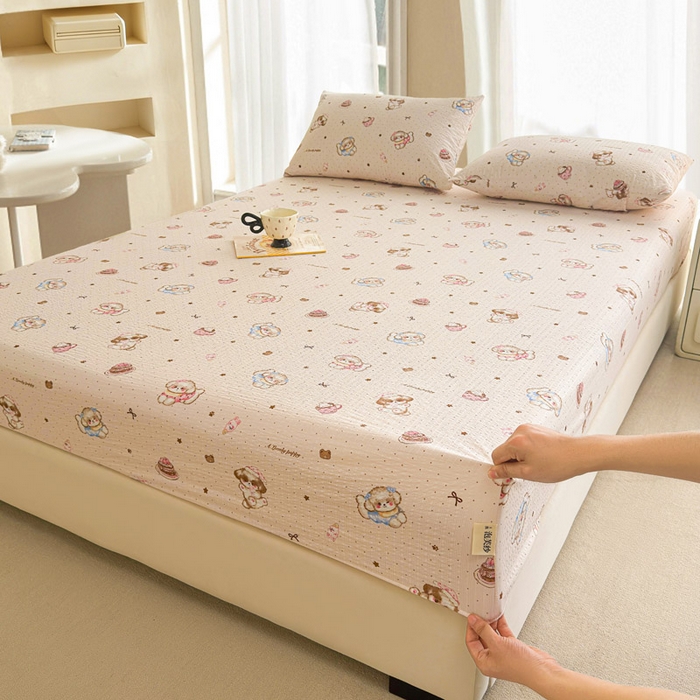 91家纺网 家纺一手货源 找家纺 贝扬思家纺 2026新款高克重泡芙纱印花款单床笠床笠单件-浅糯 CL浅糯-甜品萌狗