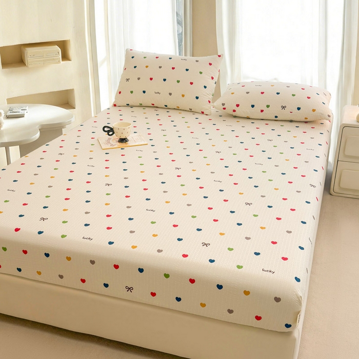 91家纺网 家纺一手货源 找家纺 贝扬思家纺 2026新款高克重泡芙纱印花款单床笠床笠单件-浅糯 CL浅糯-微笑彩心