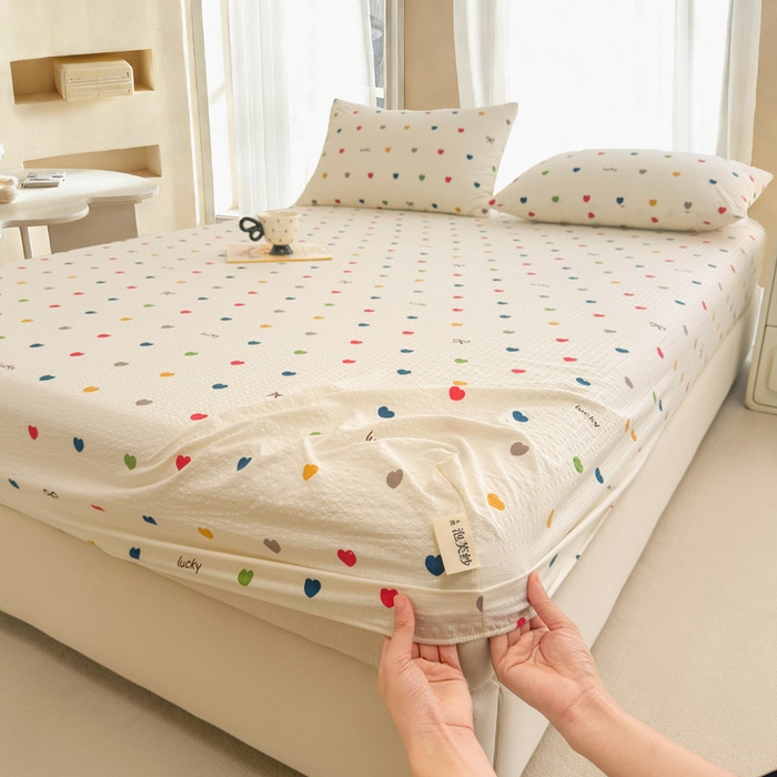 91家纺网 家纺一手货源 找家纺 贝扬思家纺 2026新款高克重泡芙纱印花款单床笠床笠单件-浅糯 CL浅糯-微笑彩心