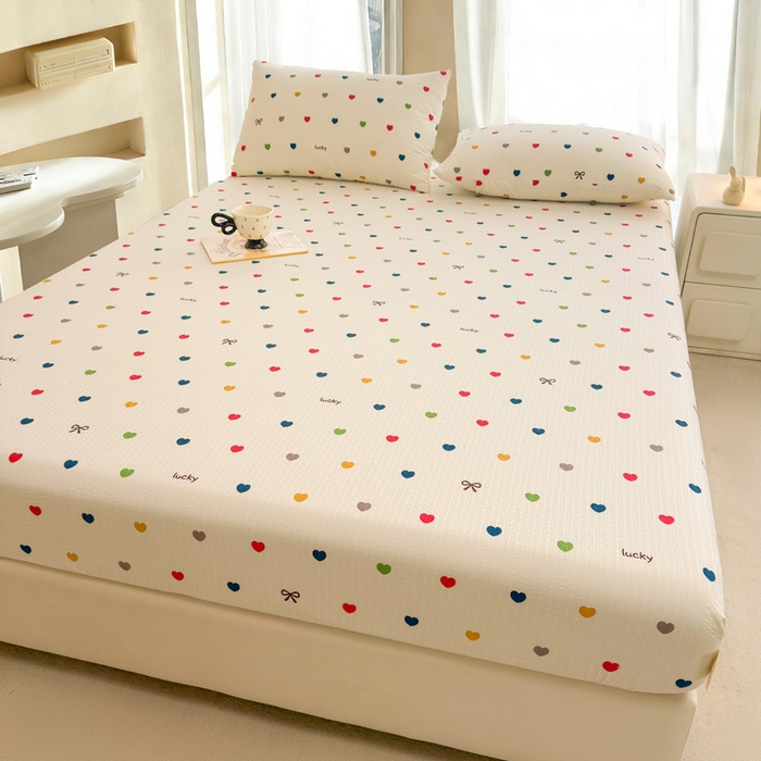 91家纺网 家纺一手货源 找家纺 贝扬思家纺 2026新款高克重泡芙纱印花款单床笠床笠单件-浅糯 CL浅糯-微笑彩心