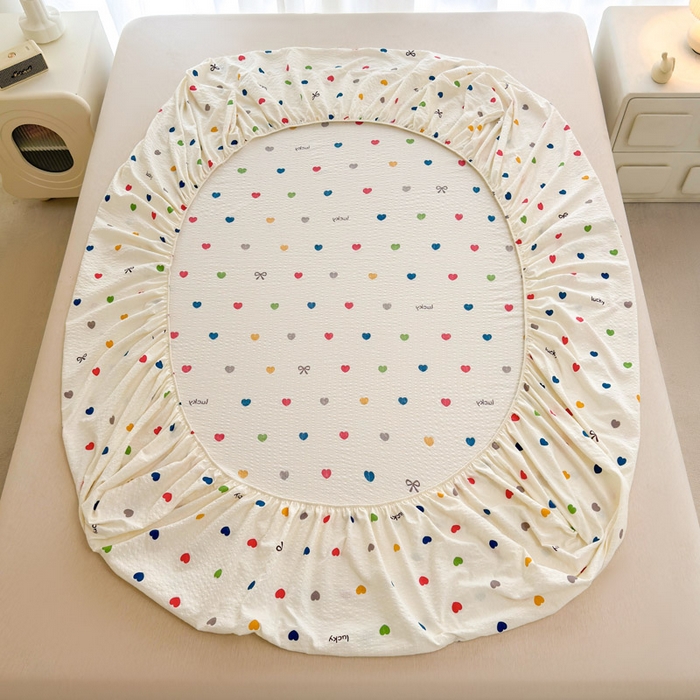 91家纺网 家纺一手货源 找家纺 贝扬思家纺 2026新款高克重泡芙纱印花款单床笠床笠单件-浅糯 CL浅糯-微笑彩心