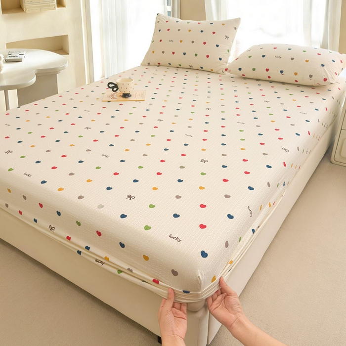 91家纺网 家纺一手货源 找家纺 贝扬思家纺 2026新款高克重泡芙纱印花款单床笠床笠单件-浅糯 CL浅糯-微笑彩心