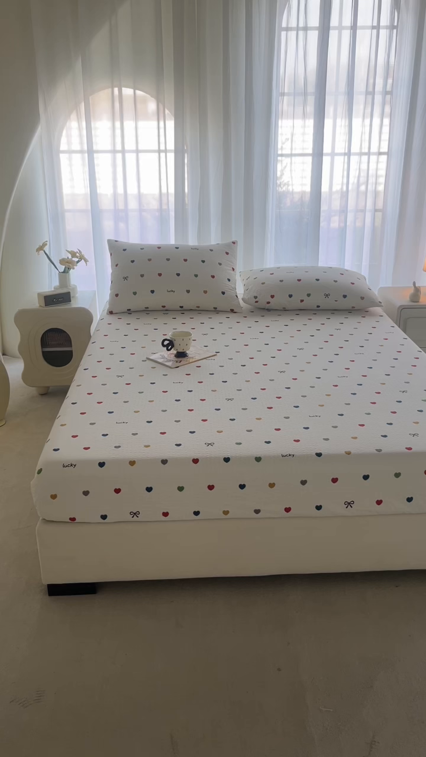 91家纺网 家纺一手货源 找家纺 贝扬思家纺 2026新款高克重泡芙纱印花款单床笠床笠单件-浅糯 CL浅糯-微笑彩心