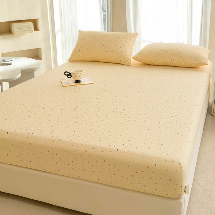 91家纺网 家纺一手货源 找家纺 贝扬思家纺 2026新款高克重泡芙纱印花款单床笠床笠单件-浅糯 CL浅糯-星月糖粒