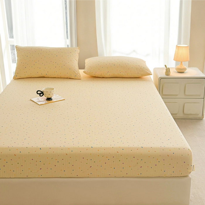 91家纺网 家纺一手货源 找家纺 贝扬思家纺 2026新款高克重泡芙纱印花款单床笠床笠单件-浅糯 CL浅糯-星月糖粒