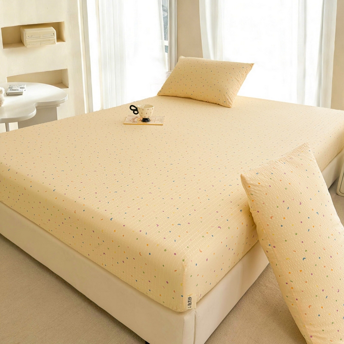 91家纺网 家纺一手货源 找家纺 贝扬思家纺 2026新款高克重泡芙纱印花款单床笠床笠单件-浅糯 CL浅糯-星月糖粒