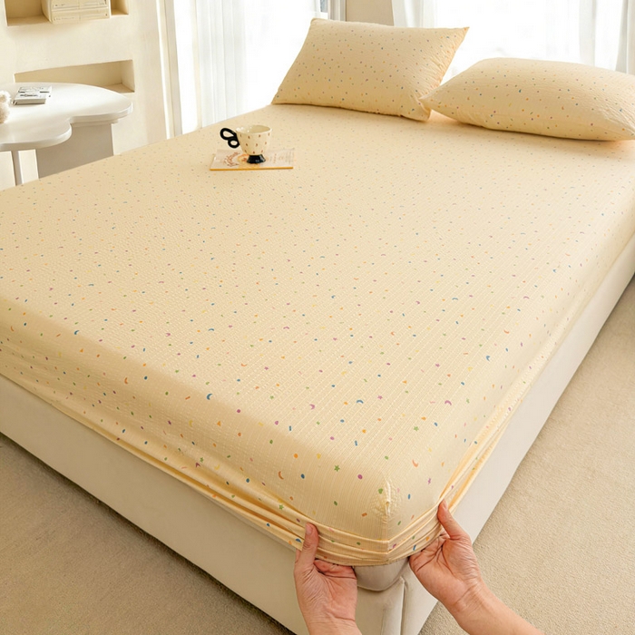 91家纺网 家纺一手货源 找家纺 贝扬思家纺 2026新款高克重泡芙纱印花款单床笠床笠单件-浅糯 CL浅糯-星月糖粒