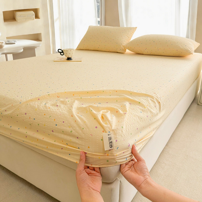 91家纺网 家纺一手货源 找家纺 贝扬思家纺 2026新款高克重泡芙纱印花款单床笠床笠单件-浅糯 CL浅糯-星月糖粒