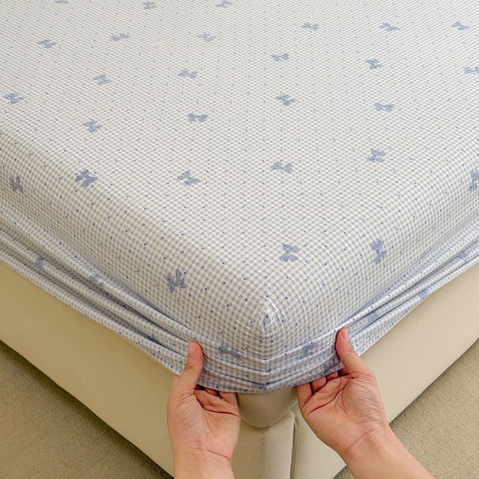 91家纺网 家纺一手货源 找家纺 贝扬思家纺 2026新款高克重泡芙纱印花款单床笠床笠单件-浅糯 CL浅糯-予诗蓝