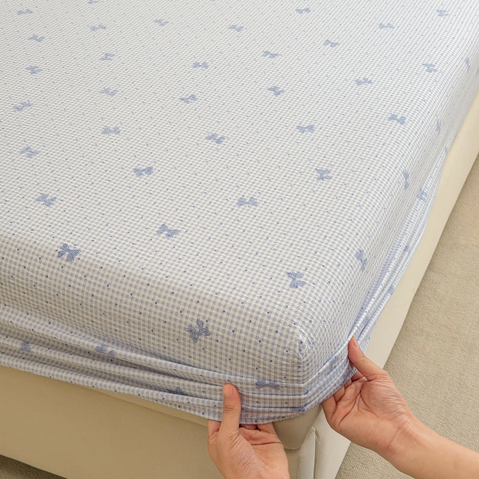 91家纺网 家纺一手货源 找家纺 贝扬思家纺 2026新款高克重泡芙纱印花款单床笠床笠单件-浅糯 CL浅糯-予诗蓝